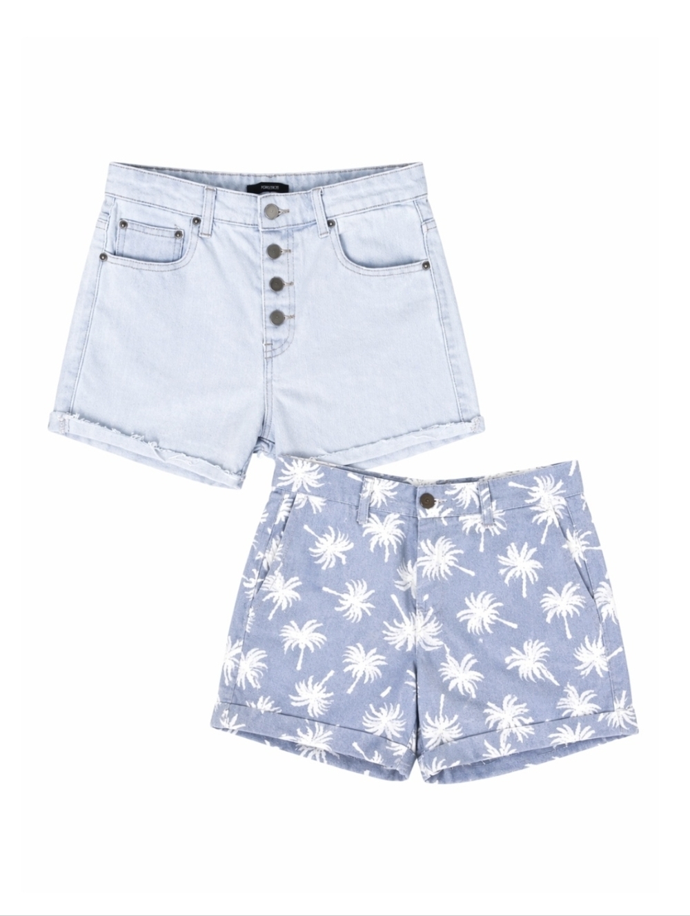 2-Piece Summer Shorts Bundle – Light Wash Denim + Palm Print Beachy Set Small